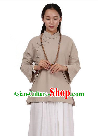 Top Chinese Traditional Costume Tang Suit Linen Upper Outer Garment Khaki Blouse, Pulian Zen Clothing Republic of China Cheongsam Shirts for Women