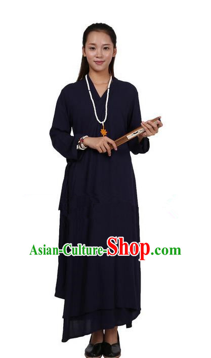 Top Chinese Traditional Costume Tang Suit Linen Upper Outer Garment Qipao Dress, Pulian Zen Clothing Republic of China Cheongsam Navy Dress for Women