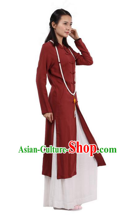 Top Chinese Traditional Costume Tang Suit Plated Buttons Linen Outer Garment Coats, Pulian Zen Clothing Republic of China Cheongsam Red Dust Coat for Women