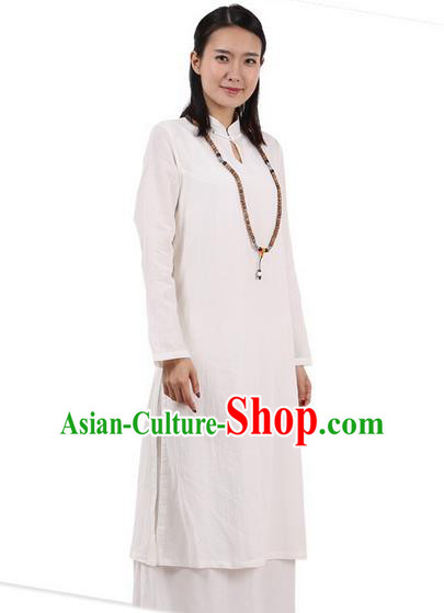 Top Chinese Traditional Costume Tang Suit Plated Buttons Ramie Outer Garment Dress, Pulian Zen Clothing Republic of China Cheongsam Beige Dress for Women