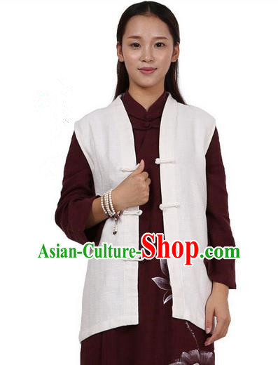 Top Chinese Traditional Costume Tang Suit Plated Buttons Upper Outer Garment Vest, Pulian Zen Clothing Republic of China Waistcoat White Cappa for Women