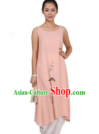 Top Chinese Traditional Costume Tang Suit Linen Painting Lotus Sundress, Pulian Zen Clothing Republic of China Pinafore Dress Pink Dress for Women