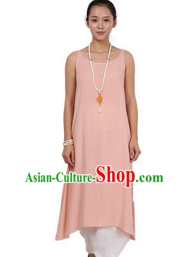 Top Chinese Traditional Costume Tang Suit Linen Sundress, Pulian Zen Clothing Republic of China Pinafore Dress Pink Dress for Women