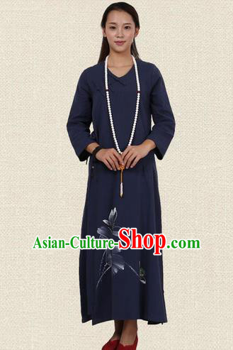 Top Chinese Traditional Costume Tang Suit Linen Qipao Dress, Pulian Zen Clothing Republic of China Cheongsam Painting Navy Long Dress for Women