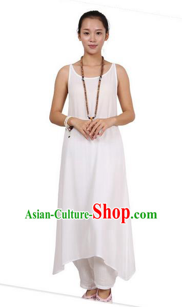 Top Chinese Traditional Costume Tang Suit Linen Sundress, Pulian Zen Clothing Republic of China Pinafore Dress White Dress for Women