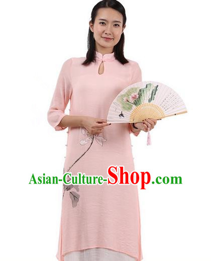 Top Chinese Traditional Costume Tang Suit Linen Double-deck Qipao Dress, Pulian Zen Clothing Republic of China Cheongsam Upper Outer Garment Painting Lotus Pink Dress for Women