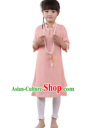 Top Chinese Traditional Costume Tang Suit Linen Qipao Children Dress, Pulian Zen Clothing Republic of China Cheongsam Pink Dress for Kids