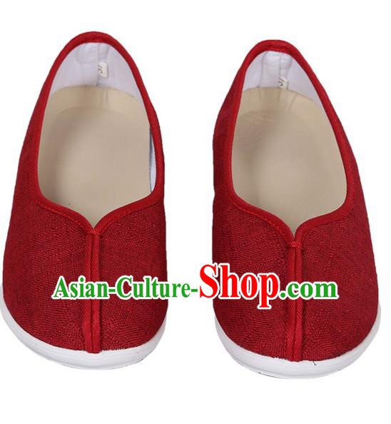 Top Chinese Traditional Linen High-heeled Shoes, Pulian Zen Shoes China Martial Art Red Cloth Shoe for Women