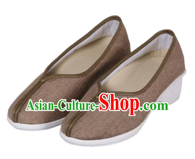 Top Chinese Traditional Linen High-heeled Shoes, Pulian Zen Shoes China Martial Art Brown Cloth Shoe for Women