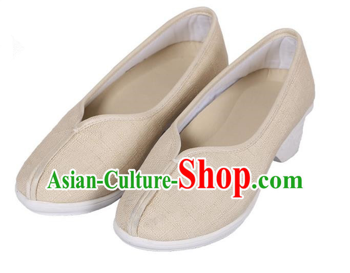 Top Chinese Traditional Linen High-heeled Shoes, Pulian Zen Shoes China Martial Art Beige Cloth Shoe for Women