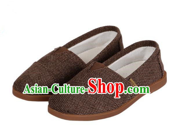 Top Chinese Traditional Linen Kong Fu Shoes, Pulian Zen Shoes China Martial Art Brown Cloth Shoe for Men