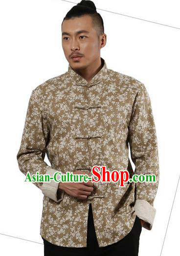 Traditional Chinese Kung Fu Costume Martial Arts Linen Plated Buttons Shirts Pulian Meditation Clothing, China Tang Suit Upper Outer Garment Khaki Overshirt for Men