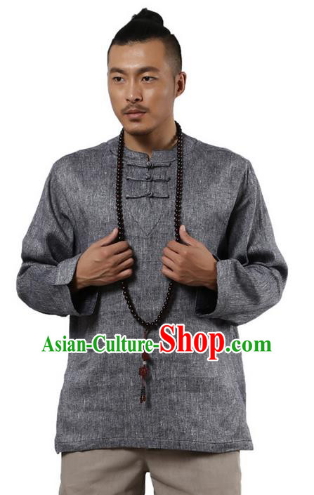 Traditional Chinese Kung Fu Costume Pulian Meditation Clothing Martial Arts Linen Plated Buttons Shirts, China Tang Suit Upper Outer Garment Blue Overshirt for Men
