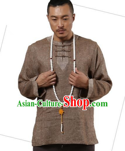 Traditional Chinese Kung Fu Costume Pulian Meditation Clothing Martial Arts Linen Plated Buttons Shirts, China Tang Suit Upper Outer Garment Brown Overshirt for Men