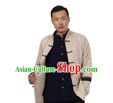 Traditional Chinese Kung Fu Costume Pulian Meditation Clothing Martial Arts Linen Plated Buttons Coats, China Tang Suit Upper Outer Garment Jacket Beige Overcoat for Men