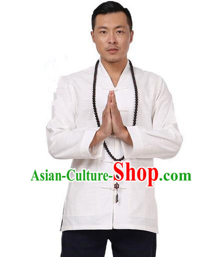 Traditional Chinese Kung Fu Costume Pulian Meditation Clothing Martial Arts Linen Plated Buttons Shirts, China Tang Suit Upper Outer Garment White Overcoat for Men