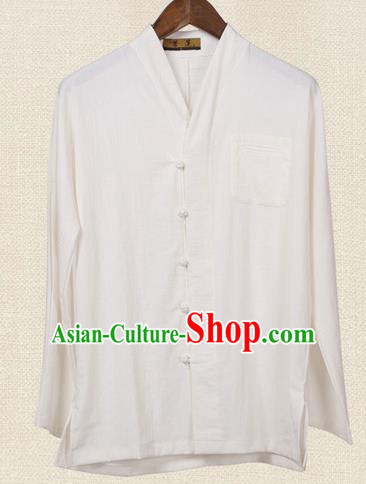Traditional Chinese Kung Fu Costume Pulian Meditation Clothing Martial Arts Linen Slant Opening Shirts, China Tang Suit Upper Outer Garment White Overshirt for Men