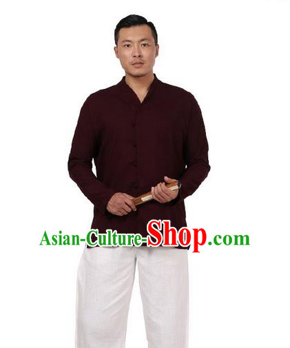 Traditional Chinese Kung Fu Costume Pulian Meditation Clothing Martial Arts Linen Slant Opening Shirts, China Tang Suit Upper Outer Garment Dark Red Overshirt for Men