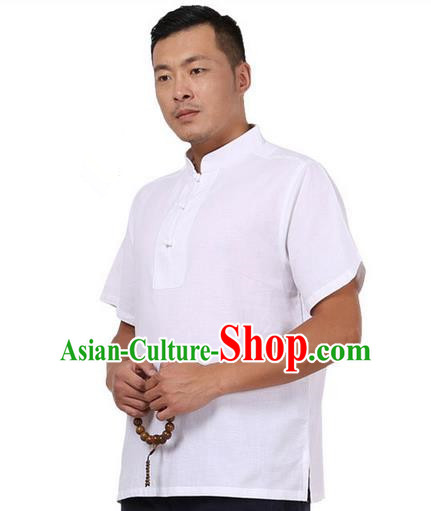 Traditional Chinese Kung Fu Costume Martial Arts Linen Plated Buttons White Shirts Pulian Meditation Clothing, China Tang Suit Upper Outer Garment for Men