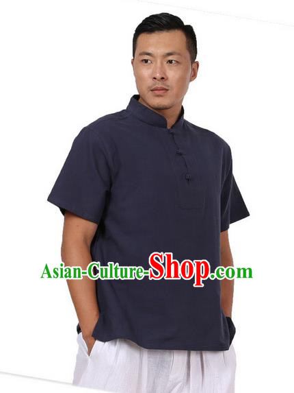 Traditional Chinese Kung Fu Costume Martial Arts Linen Plated Buttons Navy Shirts Pulian Meditation Clothing, China Tang Suit Upper Outer Garment for Men