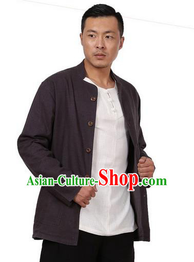 Traditional Chinese Kung Fu Costume Martial Arts Linen Coffee Coats Pulian Meditation Clothing, China Tang Suit Upper Outer Garment for Men