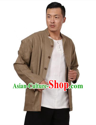 Traditional Chinese Kung Fu Costume Martial Arts Linen Khaki Coats Pulian Meditation Clothing, China Tang Suit Upper Outer Garment for Men