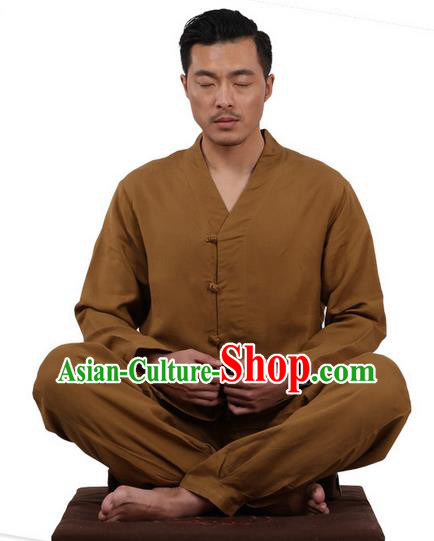Traditional Chinese Kung Fu Costume Martial Arts Linen Slant Opening Coffee Suits Pulian Meditation Clothing, China Tang Suit Uniforms Tai Chi Clothing for Men