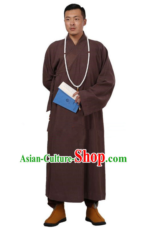 Traditional Chinese Kung Fu Costume Martial Arts Linen Coffee Monk Robes Pulian Meditation Clothing, China Tang Suit Shaolin Wushu Frock for Men