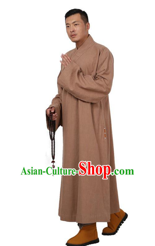 Traditional Chinese Kung Fu Costume Martial Arts Linen Khaki Monk Robes Pulian Meditation Clothing, China Tang Suit Shaolin Wushu Frock for Men