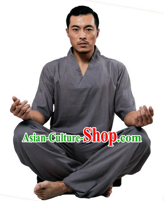 Traditional Chinese Kung Fu Costume Martial Arts Linen Plated Buttons Grey Suits Pulian Meditation Clothing, China Tang Suit Uniforms Tai Chi Clothing for Men