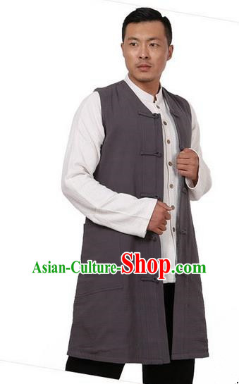 Traditional Chinese Kung Fu Costume Martial Arts Grey Vest Pulian Meditation Clothing, China Tang Suit Waistcoat Tai Chi Long Weskit for Men