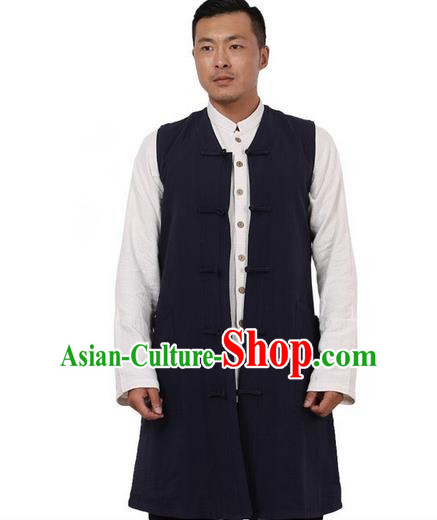 Traditional Chinese Kung Fu Costume Martial Arts Navy Vest Pulian Meditation Clothing, China Tang Suit Waistcoat Tai Chi Long Weskit for Men