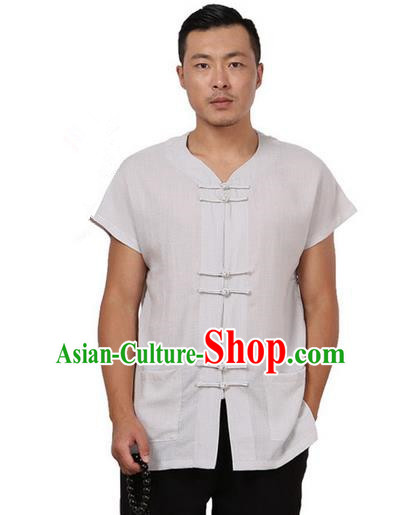 Traditional Chinese Kung Fu Costume Martial Arts Tang Suit Plated Buttons Shirts Pulian Meditation Clothing, China Tai Chi Grey Short Sleeve T-shirts for Men