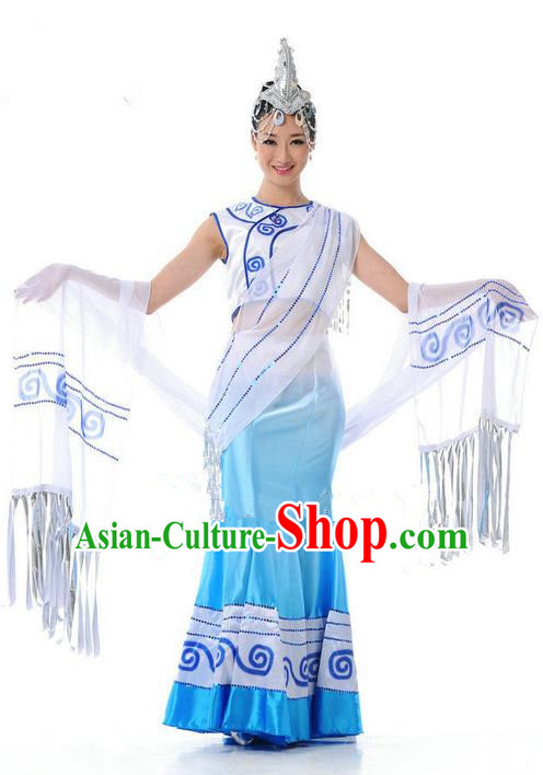 Traditional Chinese Dai Nationality Dance Costume, Folk Dance Ethnic Blue Dress, Chinese Dai Minority Nationality Dance Clothing for Women