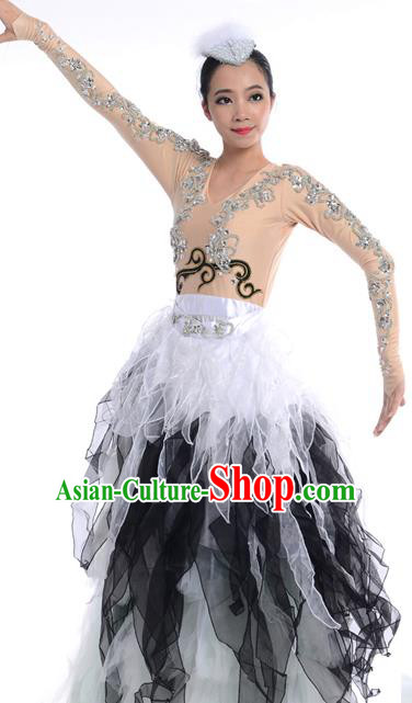 Chinese Classic Stage Performance Chorus Singing Group Dance Costumes, Opening Dance Folk Dance Big Swing Black Dress for Women