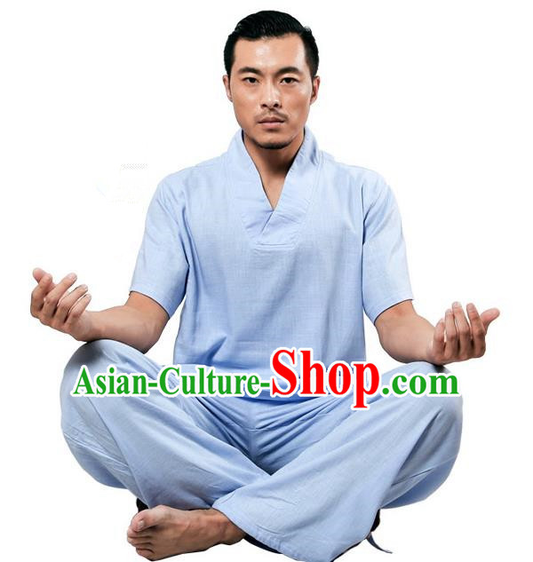 Traditional Chinese Kung Fu Costume Martial Arts Linen Plated Buttons Blue Suits Pulian Meditation Clothing, China Tang Suit Uniforms Tai Chi Clothing for Men