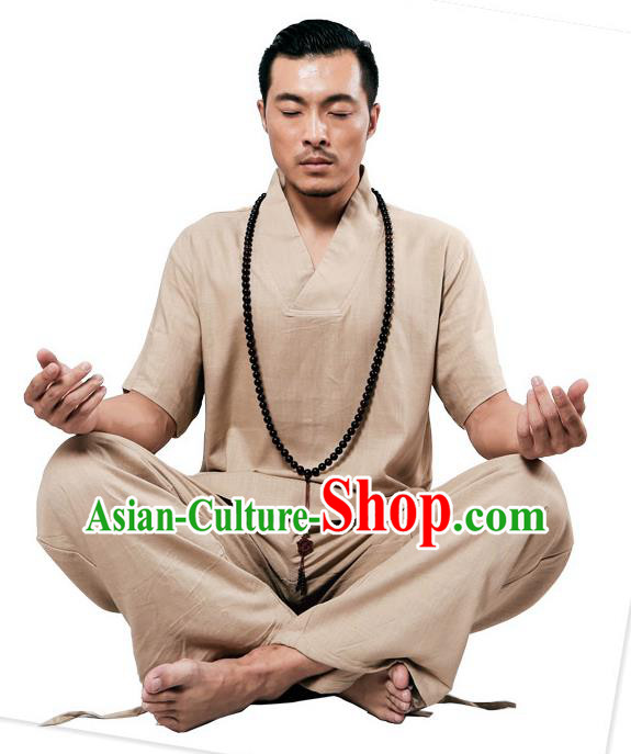 Traditional Chinese Kung Fu Costume Martial Arts Linen Plated Buttons Khaki Suits Pulian Meditation Clothing, China Tang Suit Uniforms Tai Chi Clothing for Men