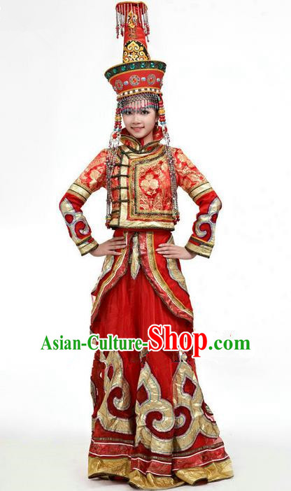 Traditional Chinese Mongol Nationality Dance Costume and Hat Complete Set, Mongols Female Folk Dance Ethnic Pleated Skirt, Chinese Mongolian Minority Nationality Red Dress Clothing for Women