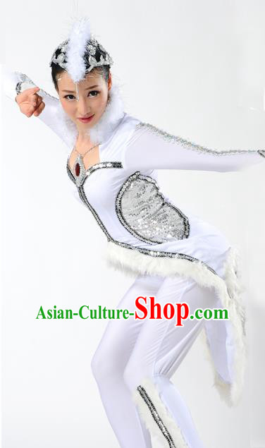 Traditional Chinese Mongol Nationality White Fox Dance Costume, Mongols Female Folk Dance Clothing, Chinese Mongolian Minority Nationality Clothing for Women