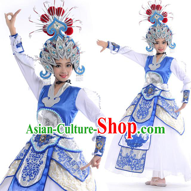 Traditional Chinese Classical Peking Opera Dance Costume, Folk Dance Drum Dance Uniform Costume and Hat Complete Set for Women