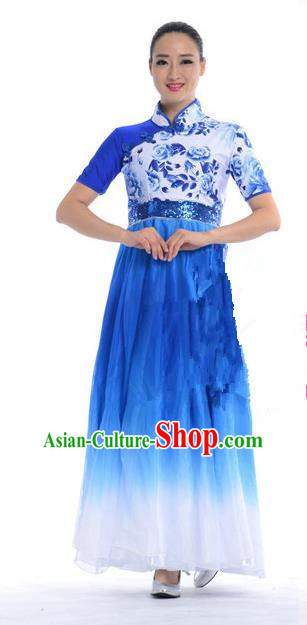 Chinese Classic Stage Performance Chorus Singing Group Costumes, Opening Dance Competition Blue Dress, Classic Dance Clothing for Women