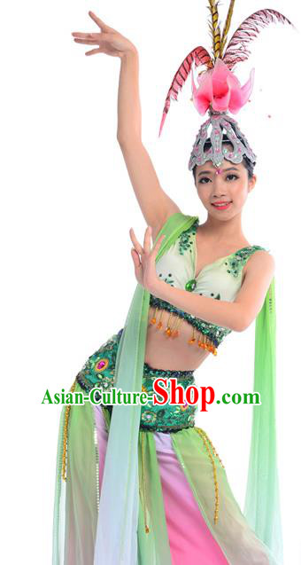 Traditional Chinese Classical Dance Fan Dancing Costume, Folk Dance Drum Dance Uniform Yangko Dance Green Dress for Women