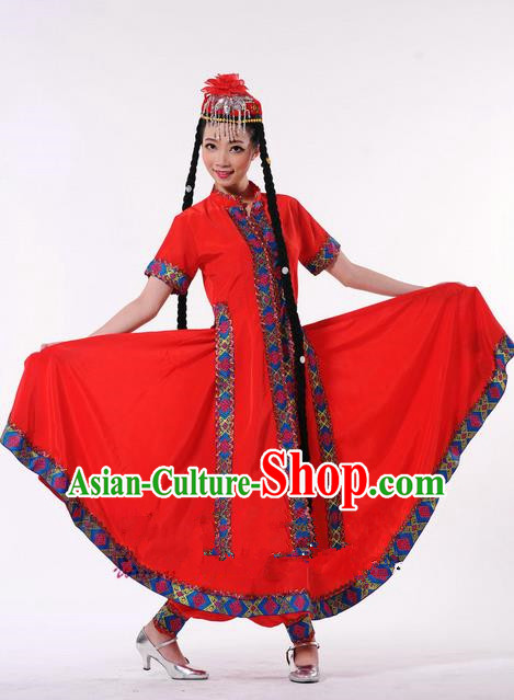 Traditional Chinese Uyghur Nationality Dancing Costume, Folk Dance Ethnic Red Clothing, Chinese Minority Nationality Uigurian Dance Dress for Women