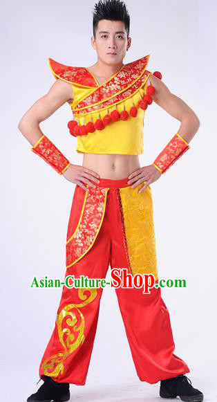 Traditional Chinese Classical Dance Yangge Fan Dance Costume, Folk Dance Drum Dance Uniform Yangko Clothing Complete Set for Men