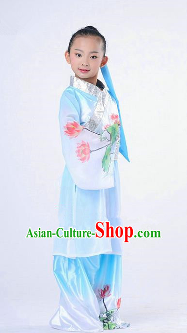 Traditional Chinese Classical Dance Peking Opera Performance Costume, Children Folk Dance Uniform Lotus Dance Blue Clothing for Kids
