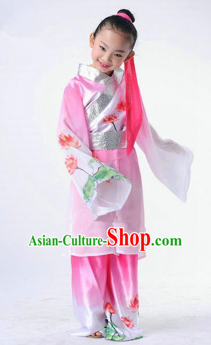 Traditional Chinese Classical Dance Peking Opera Performance Costume, Children Folk Dance Uniform Lotus Dance Pink Clothing for Kids