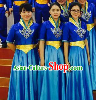 Chinese Classic Stage Performance Chorus Singing Group Costumes, Opening Dance Competition Blue Dress, Classic Dance Clothing for Women