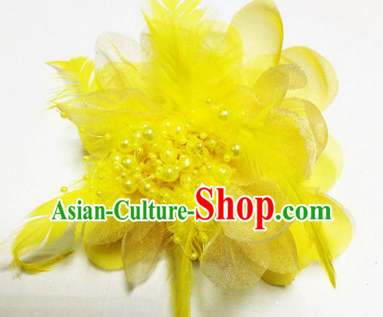 Traditional Chinese Folk Dance Headwear Yangko Hair Accessories, Chinese Classical Dance Yellow Feather Headpiece Hair Pin for Women