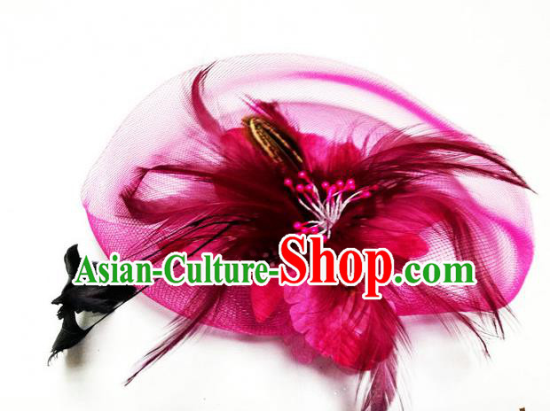 Traditional Chinese Folk Dance Headwear Yangko Hair Accessories, Chinese Classical Dance Wine Red Feather Veil Headpiece Hair Pin for Women