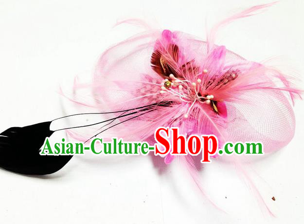 Traditional Chinese Folk Dance Headwear Yangko Hair Accessories, Chinese Classical Dance Pink Feather Veil Headpiece Hair Pin for Women